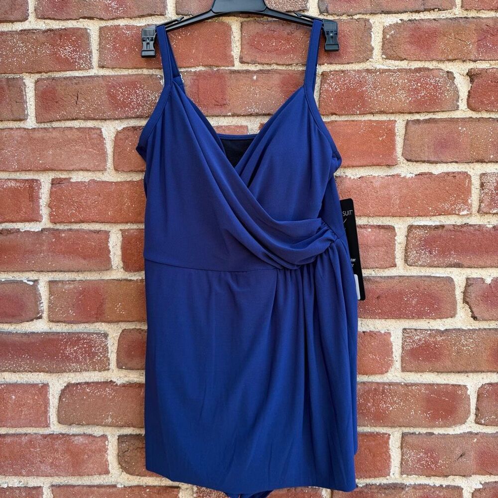 Miraclesuit $198 Drape Front Swimsuit Romper Tummy Control Blue womens size 8 N